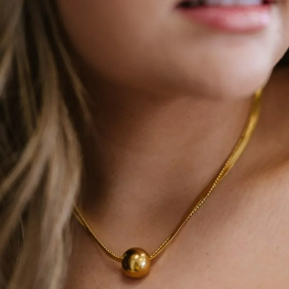 🆕️ 18K Gold Plated Stainless Steel Double-Layered Necklace With Sphere Charm - Picture 7 of 8